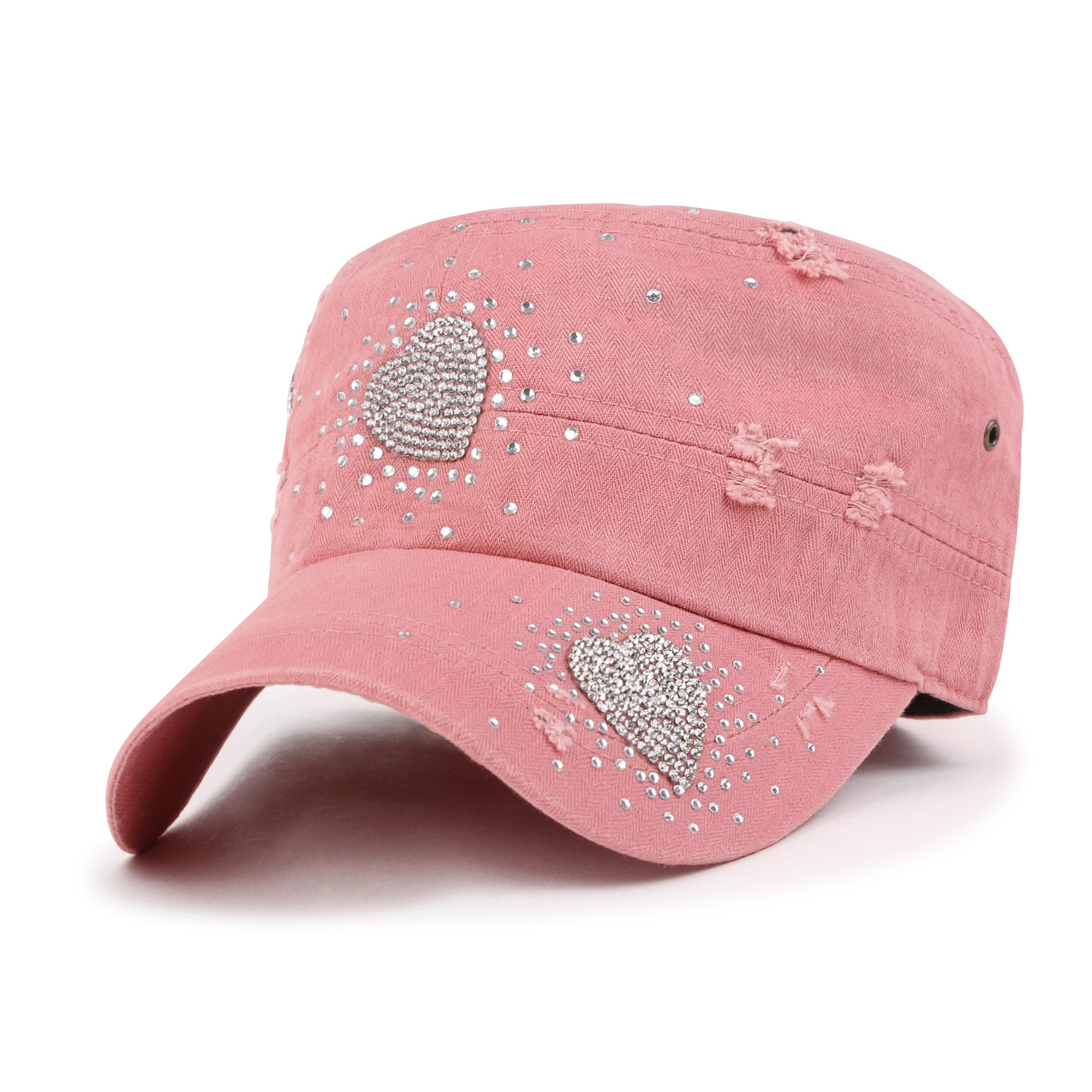 Vintage Distressed Cotton Army Hat Heart Shape Rhinestone Cadet Cap
