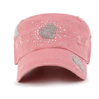 Vintage Distressed Cotton Army Hat Heart Shape Rhinestone Cadet Cap