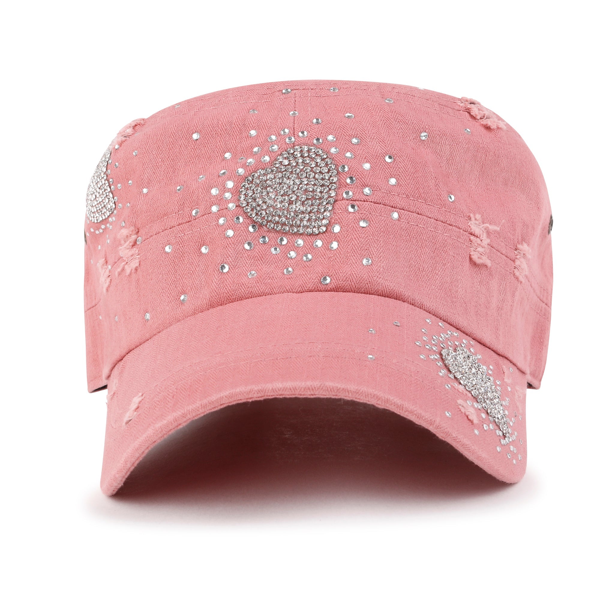 Vintage Distressed Cotton Army Hat Heart Shape Rhinestone Cadet Cap