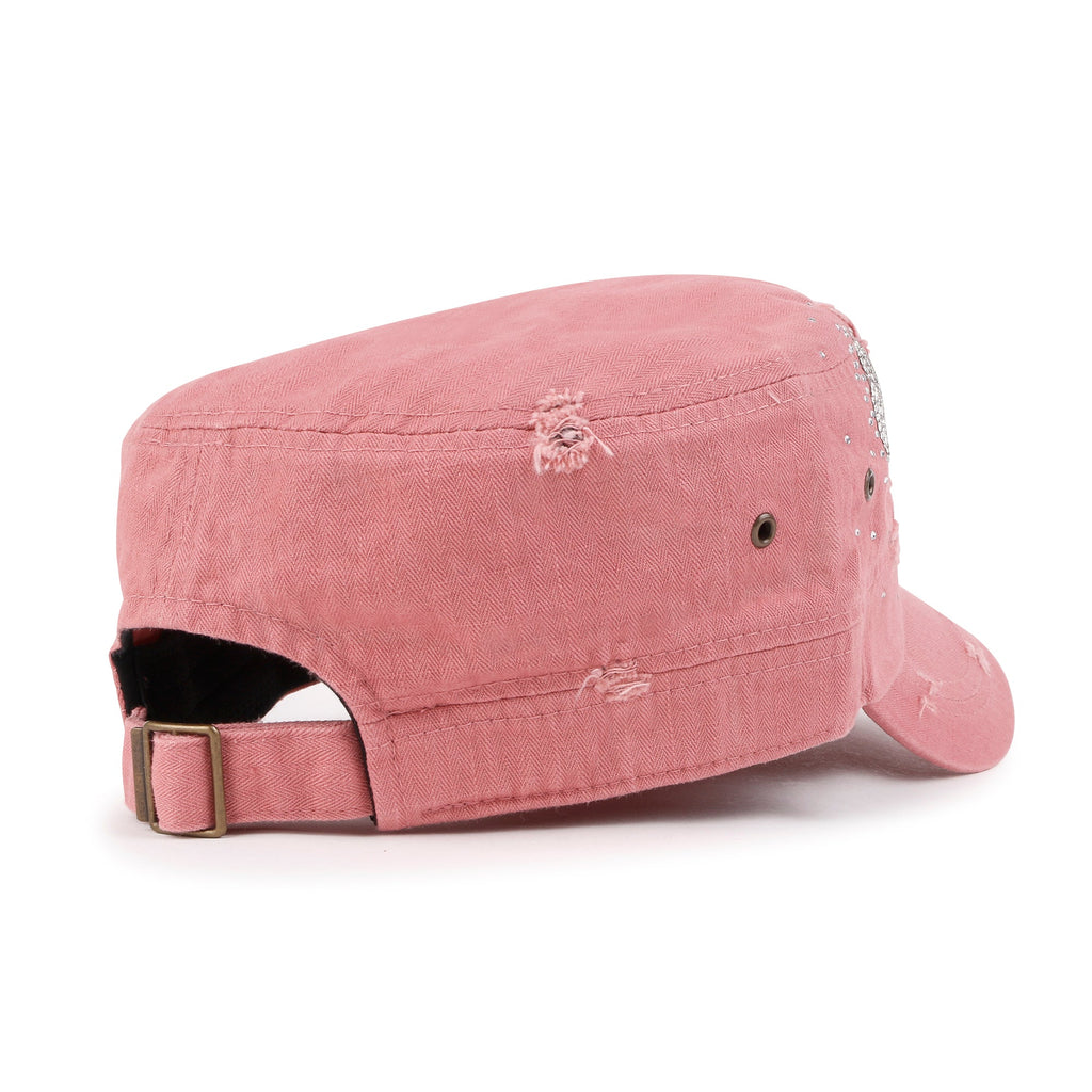 Vintage Distressed Cotton Army Hat Heart Shape Rhinestone Cadet Cap