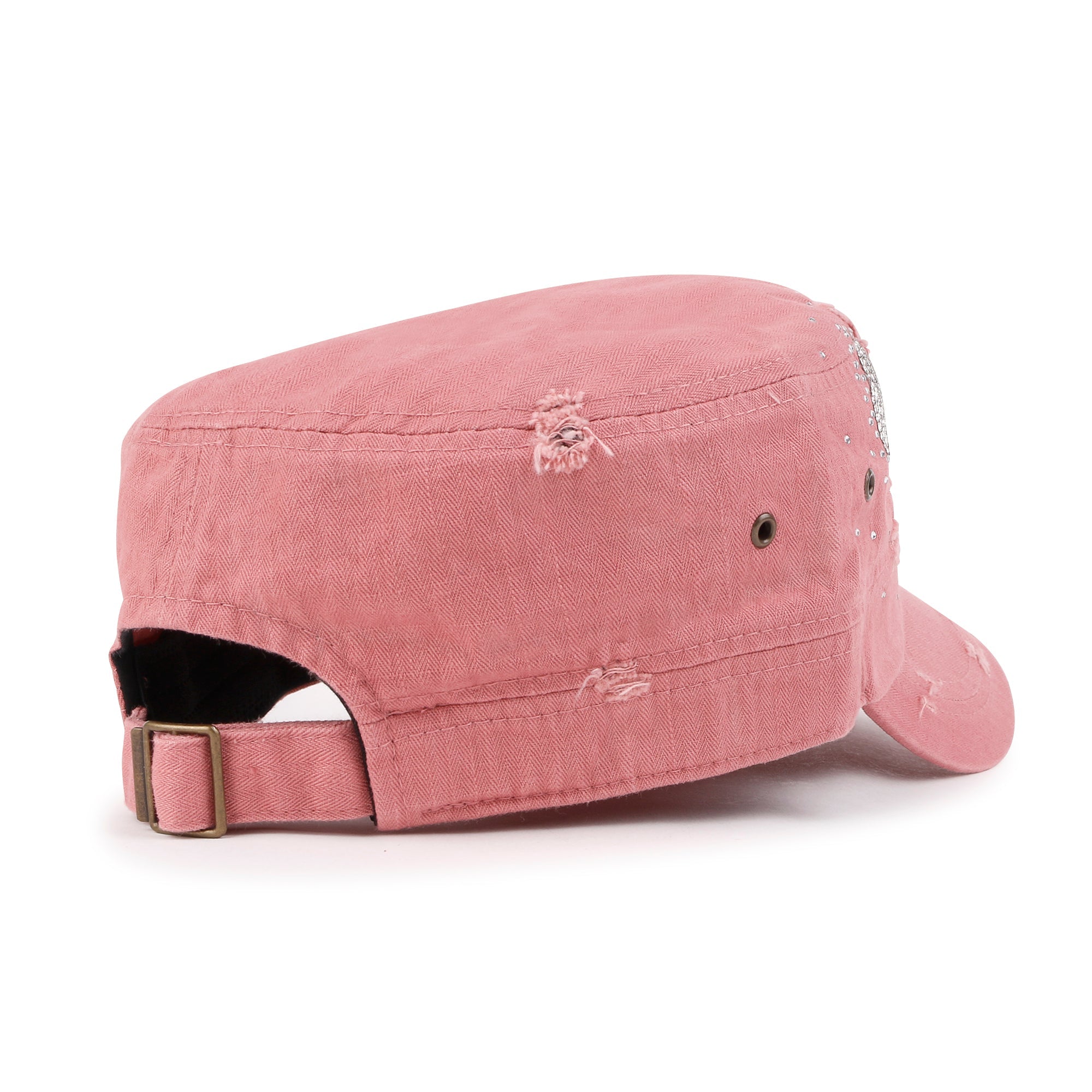 Vintage Distressed Cotton Army Hat Heart Shape Rhinestone Cadet Cap