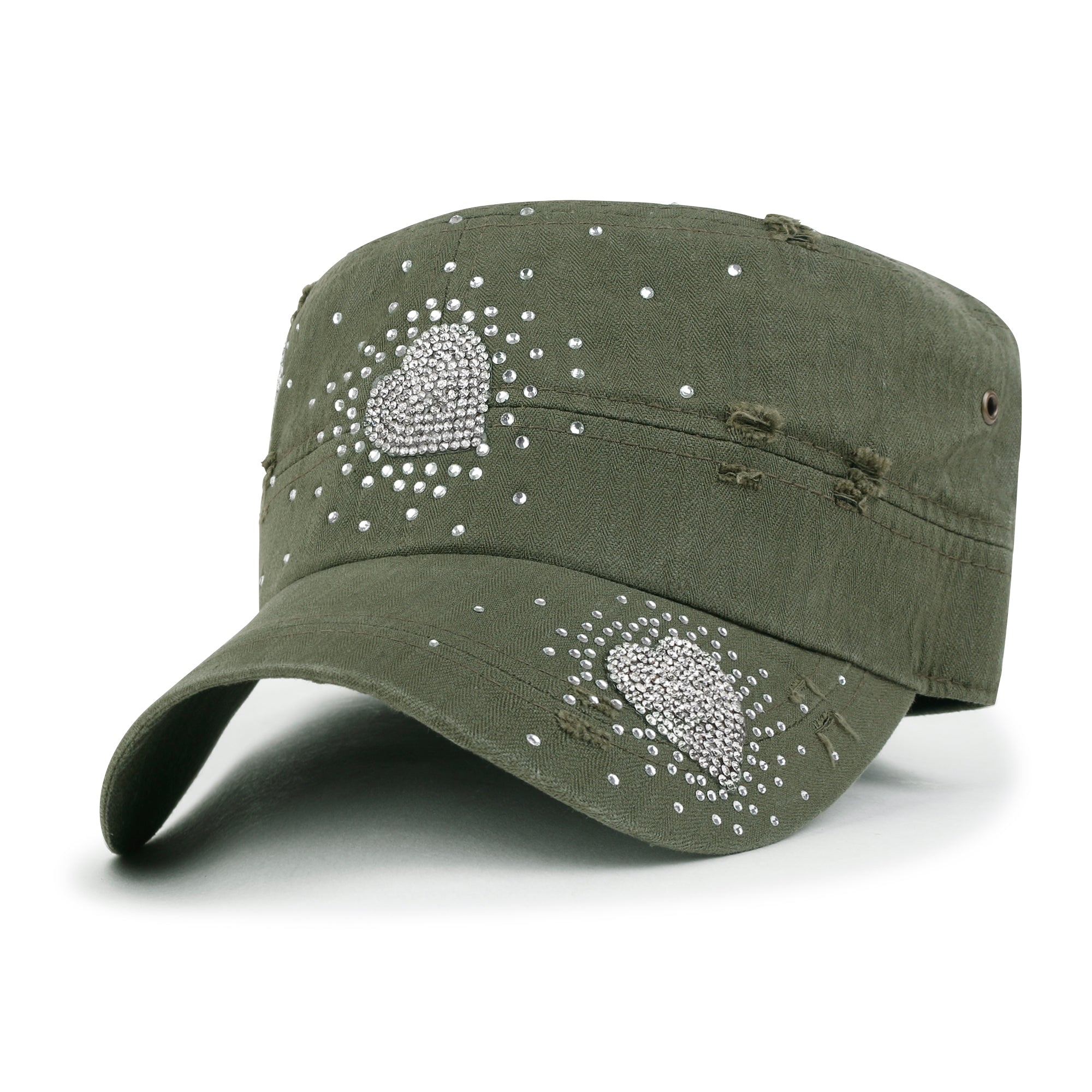 Vintage Distressed Cotton Army Hat Heart Shape Rhinestone Cadet Cap