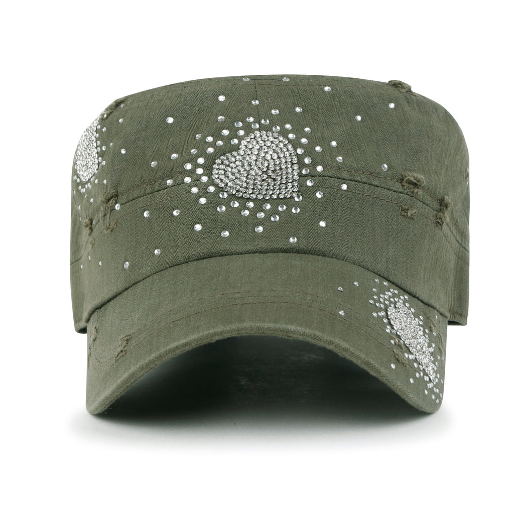 Vintage Distressed Cotton Army Hat Heart Shape Rhinestone Cadet Cap