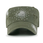 Vintage Distressed Cotton Army Hat Heart Shape Rhinestone Cadet Cap