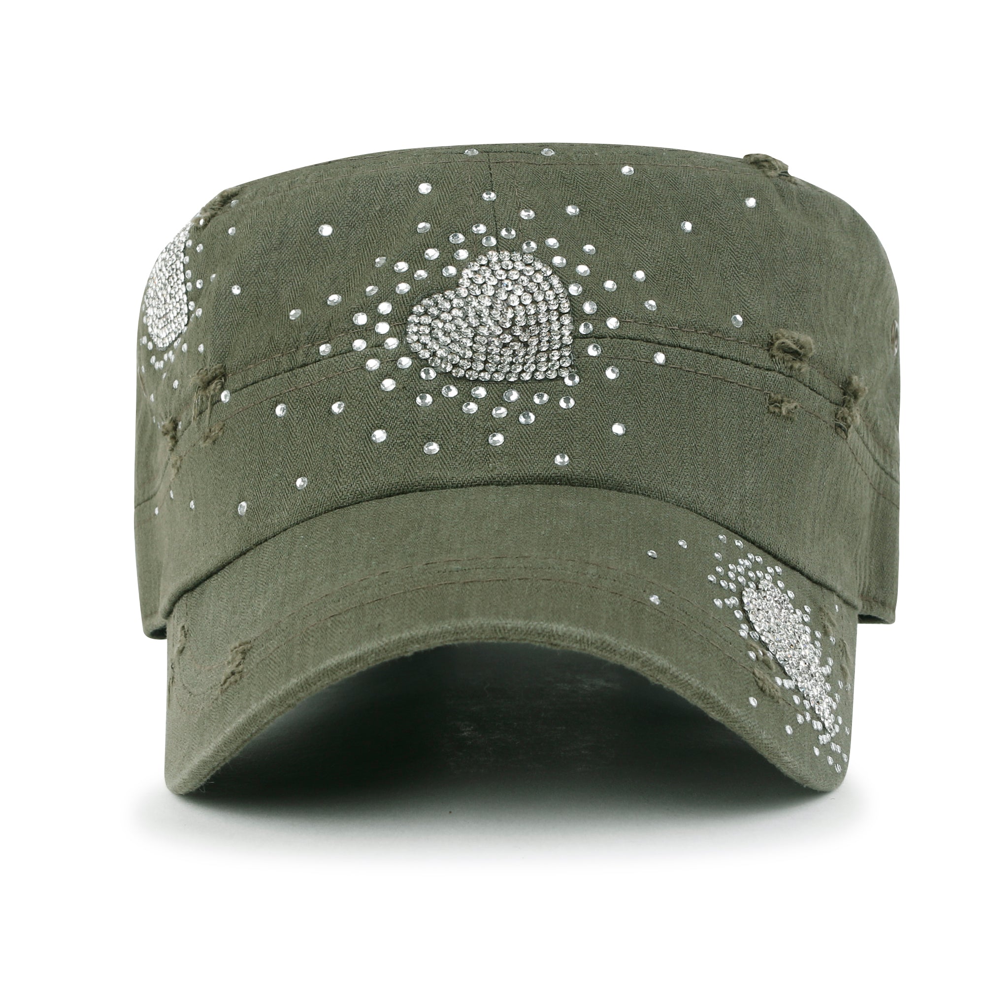 Vintage Distressed Cotton Army Hat Heart Shape Rhinestone Cadet Cap