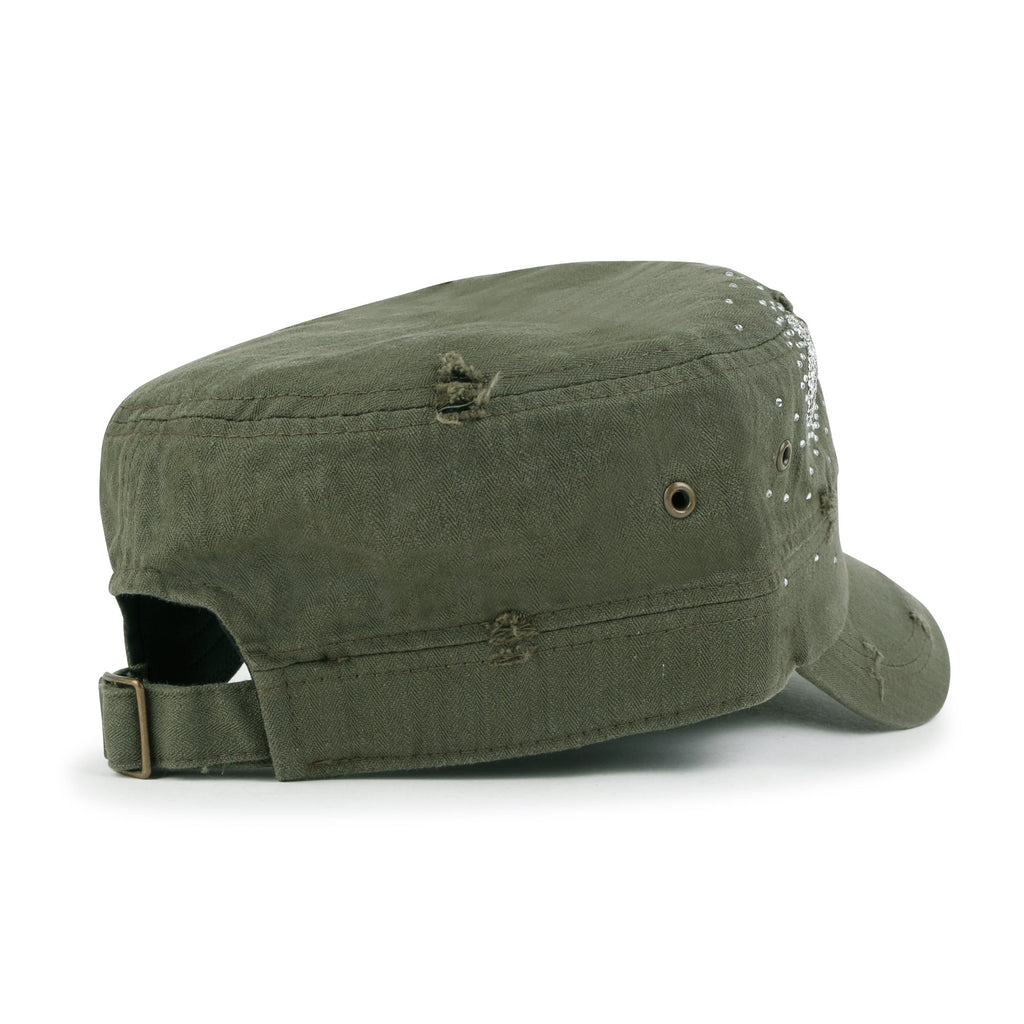Vintage Distressed Cotton Army Hat Heart Shape Rhinestone Cadet Cap