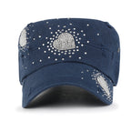 Vintage Distressed Cotton Army Hat Heart Shape Rhinestone Cadet Cap