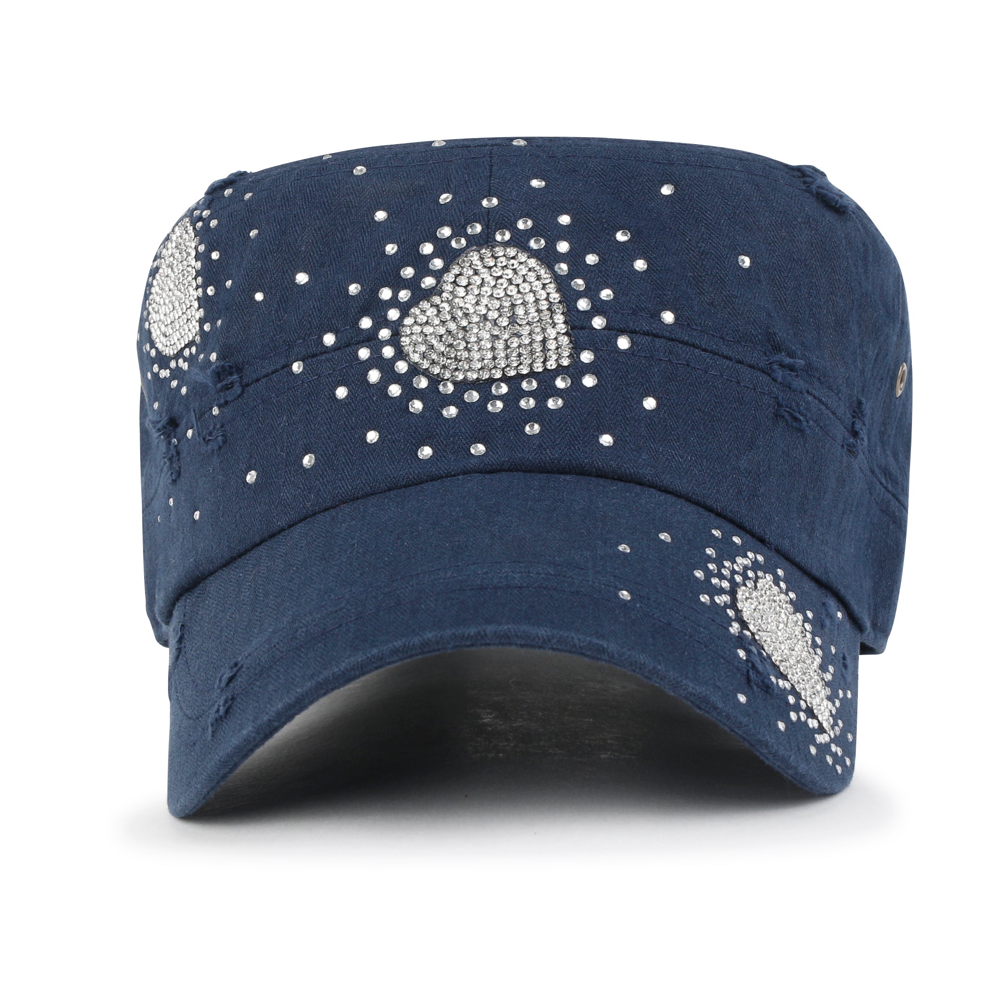 Vintage Distressed Cotton Army Hat Heart Shape Rhinestone Cadet Cap