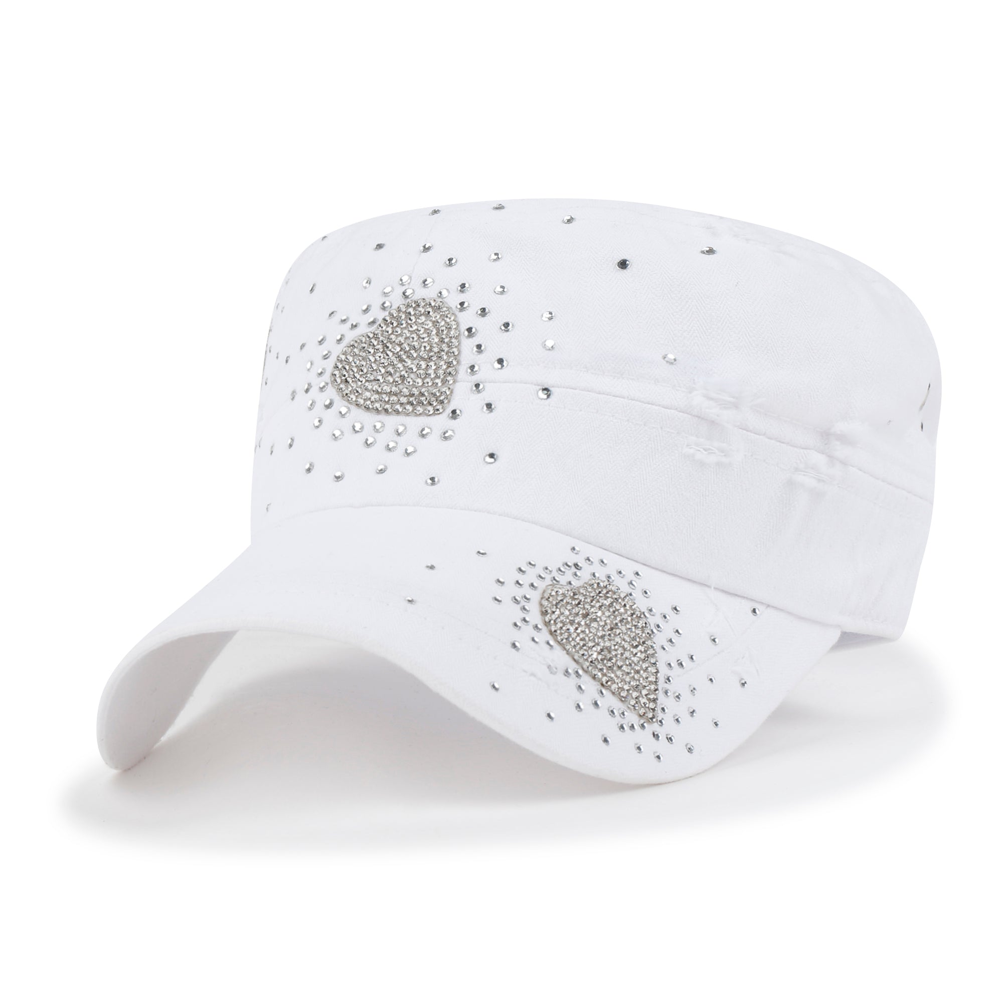 Vintage Distressed Cotton Army Hat Heart Shape Rhinestone Cadet Cap