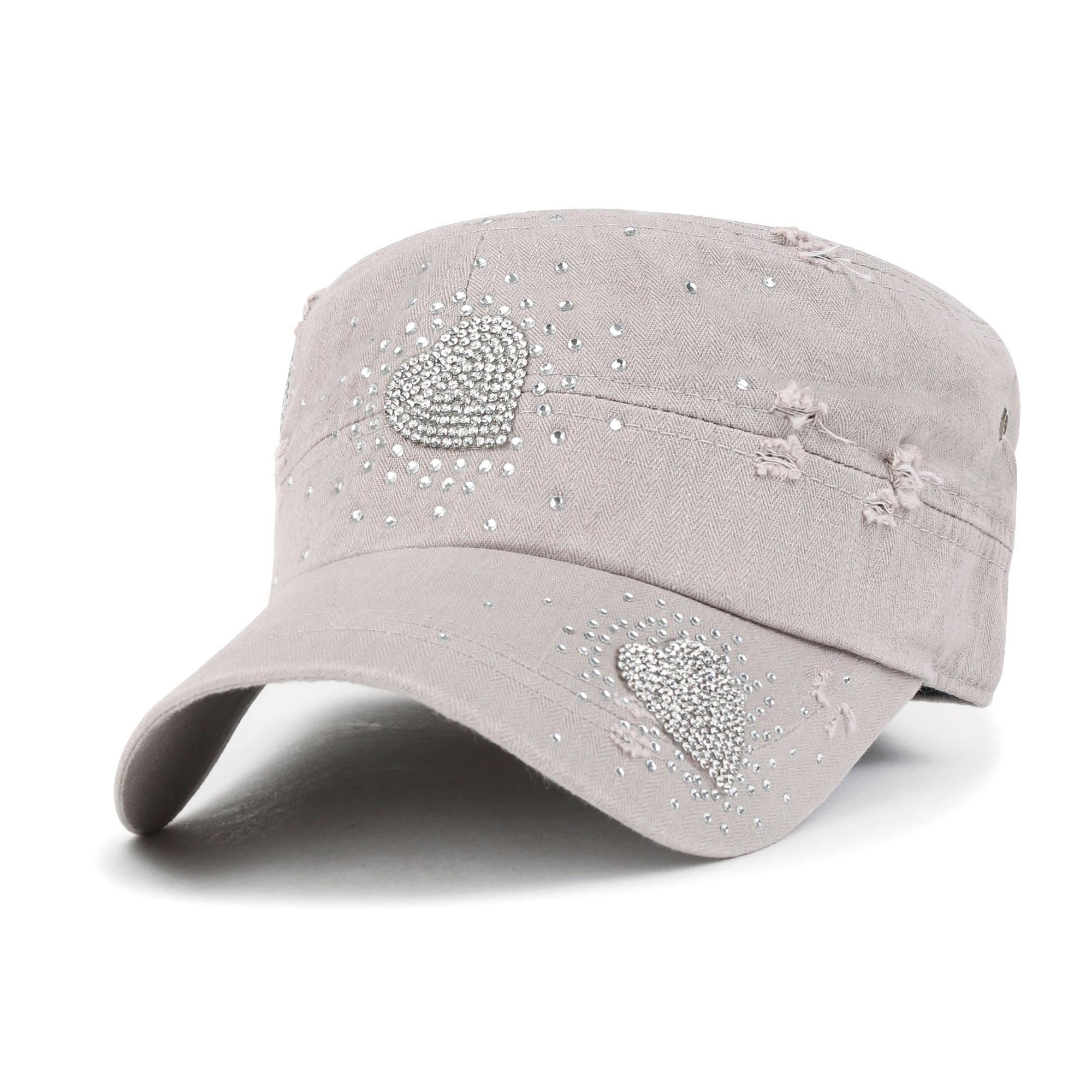 Vintage Distressed Cotton Army Hat Heart Shape Rhinestone Cadet Cap