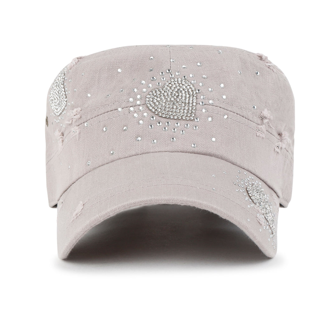 Vintage Distressed Cotton Army Hat Heart Shape Rhinestone Cadet Cap