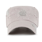 Vintage Distressed Cotton Army Hat Heart Shape Rhinestone Cadet Cap