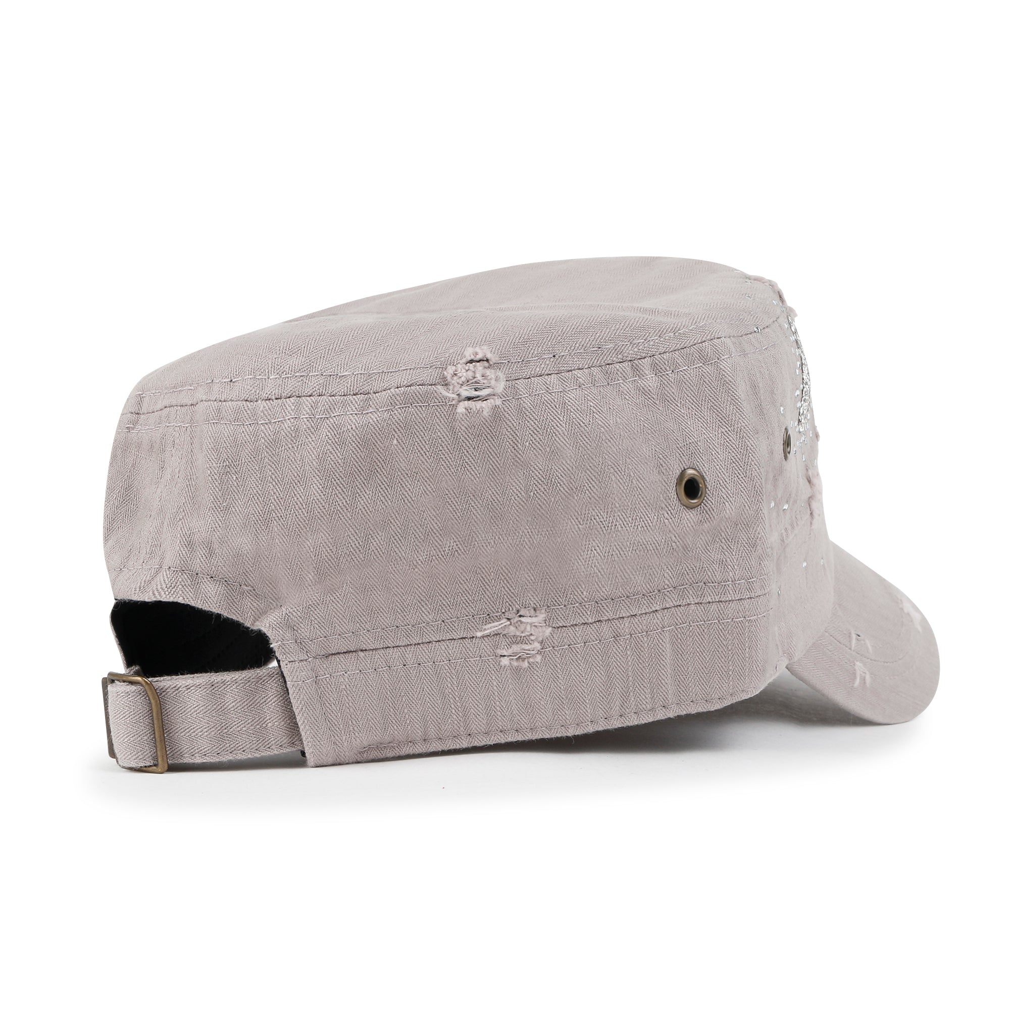 Vintage Distressed Cotton Army Hat Heart Shape Rhinestone Cadet Cap