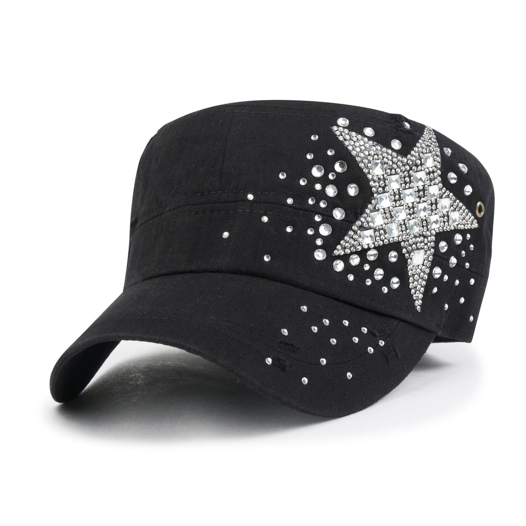 Vintage Distressed Cotton Army Hat Star Shape Rhinestone Cadet Cap