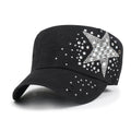 Vintage Distressed Cotton Army Hat Star Shape Rhinestone Cadet Cap