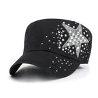 Vintage Distressed Cotton Army Hat Star Shape Rhinestone Cadet Cap