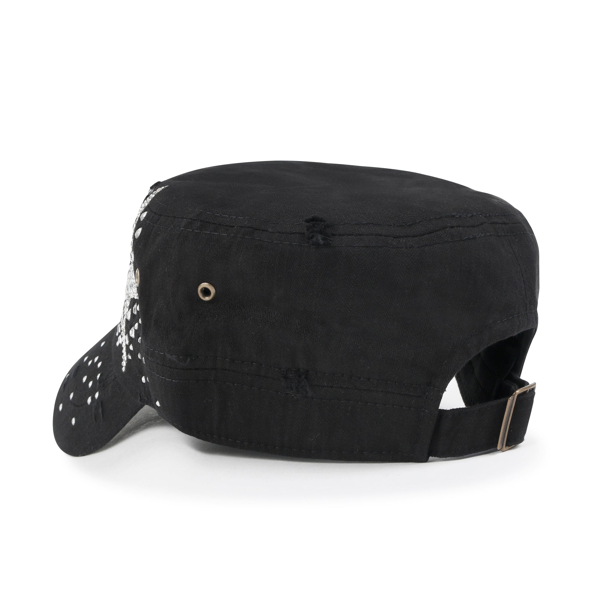 Vintage Distressed Cotton Army Hat Star Shape Rhinestone Cadet Cap