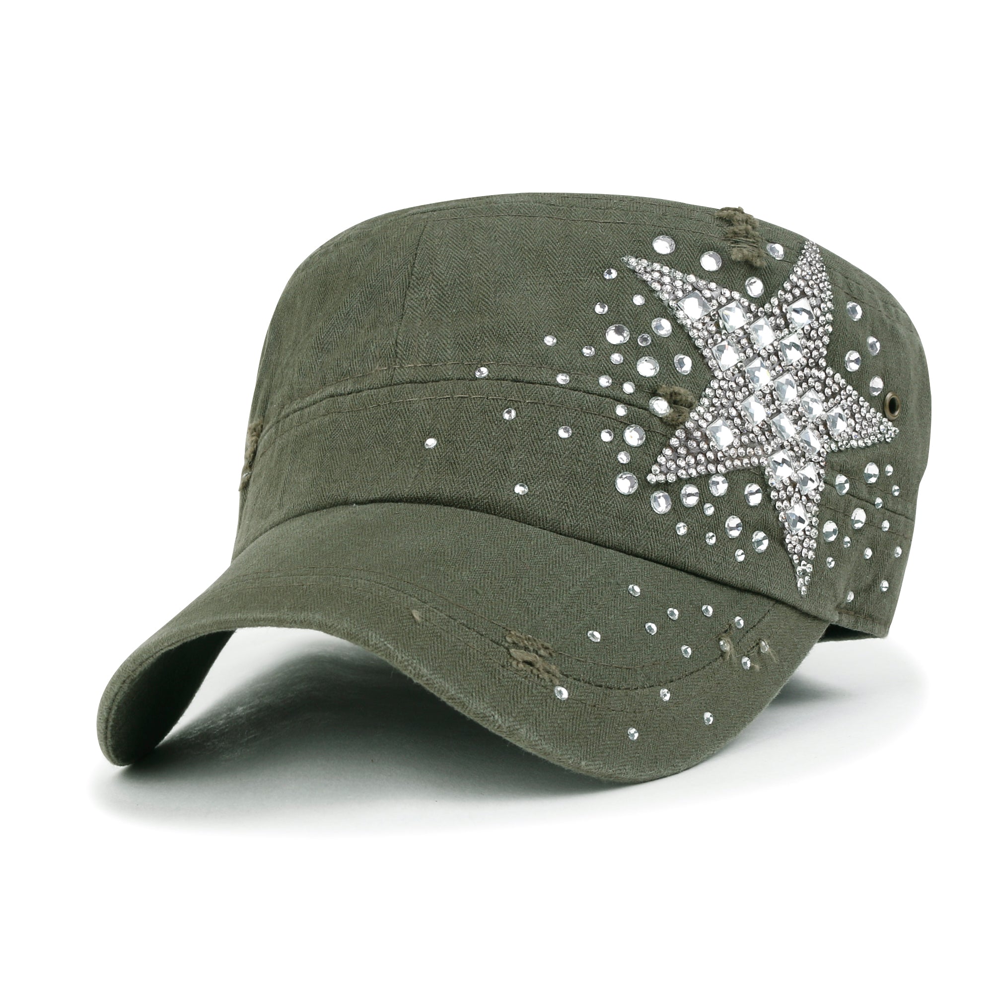 Vintage Distressed Cotton Army Hat Star Shape Rhinestone Cadet Cap
