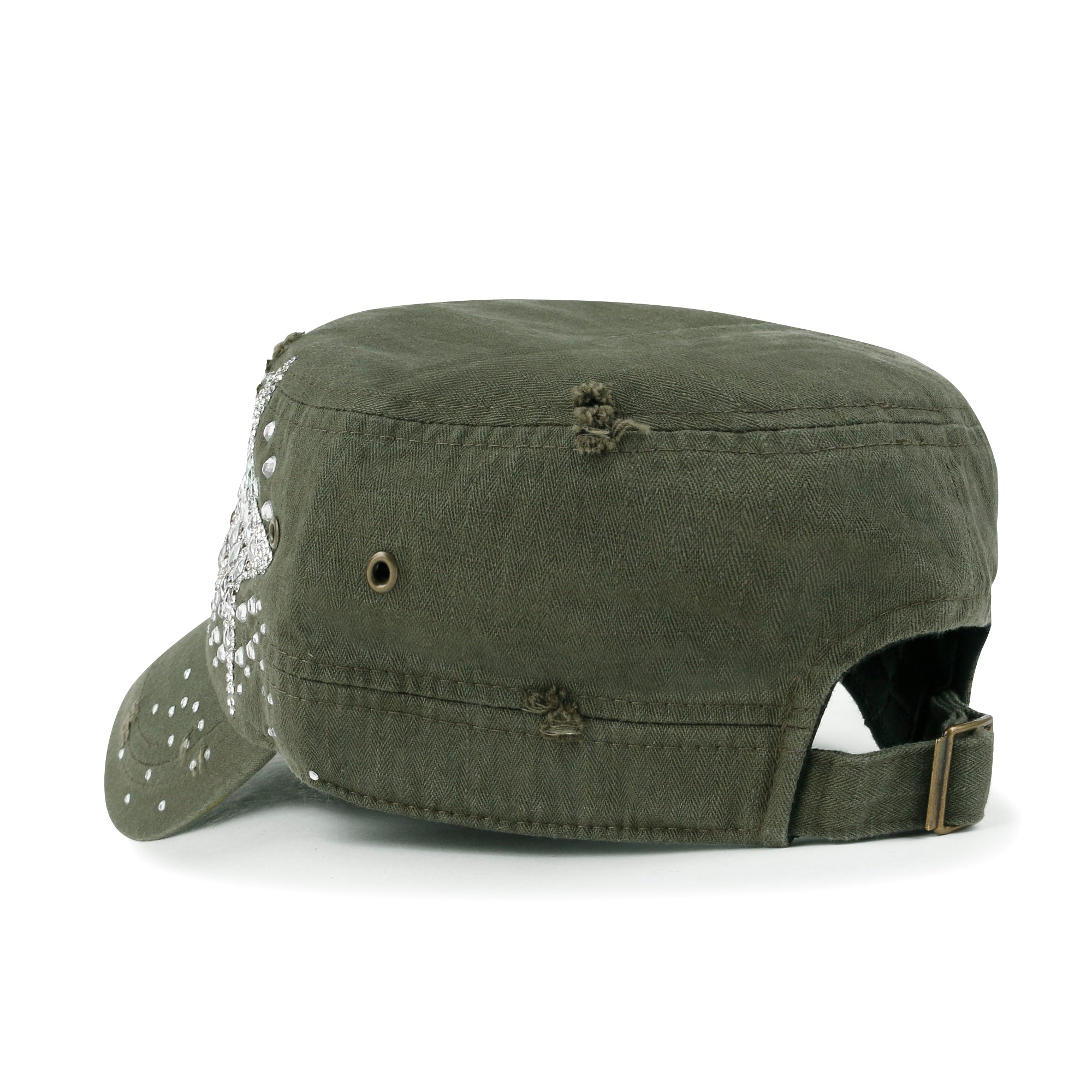 Vintage Distressed Cotton Army Hat Star Shape Rhinestone Cadet Cap