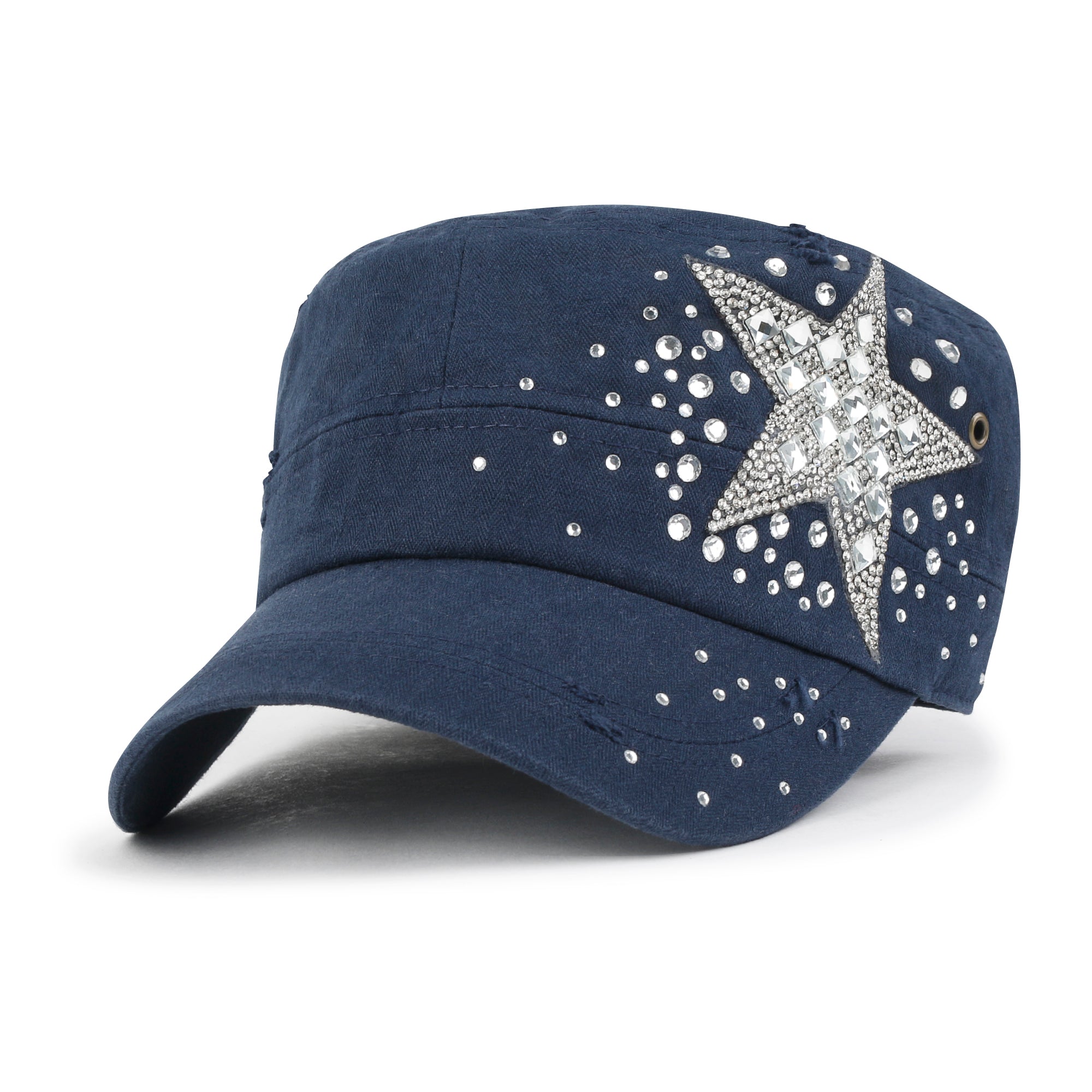 Vintage Distressed Cotton Army Hat Star Shape Rhinestone Cadet Cap