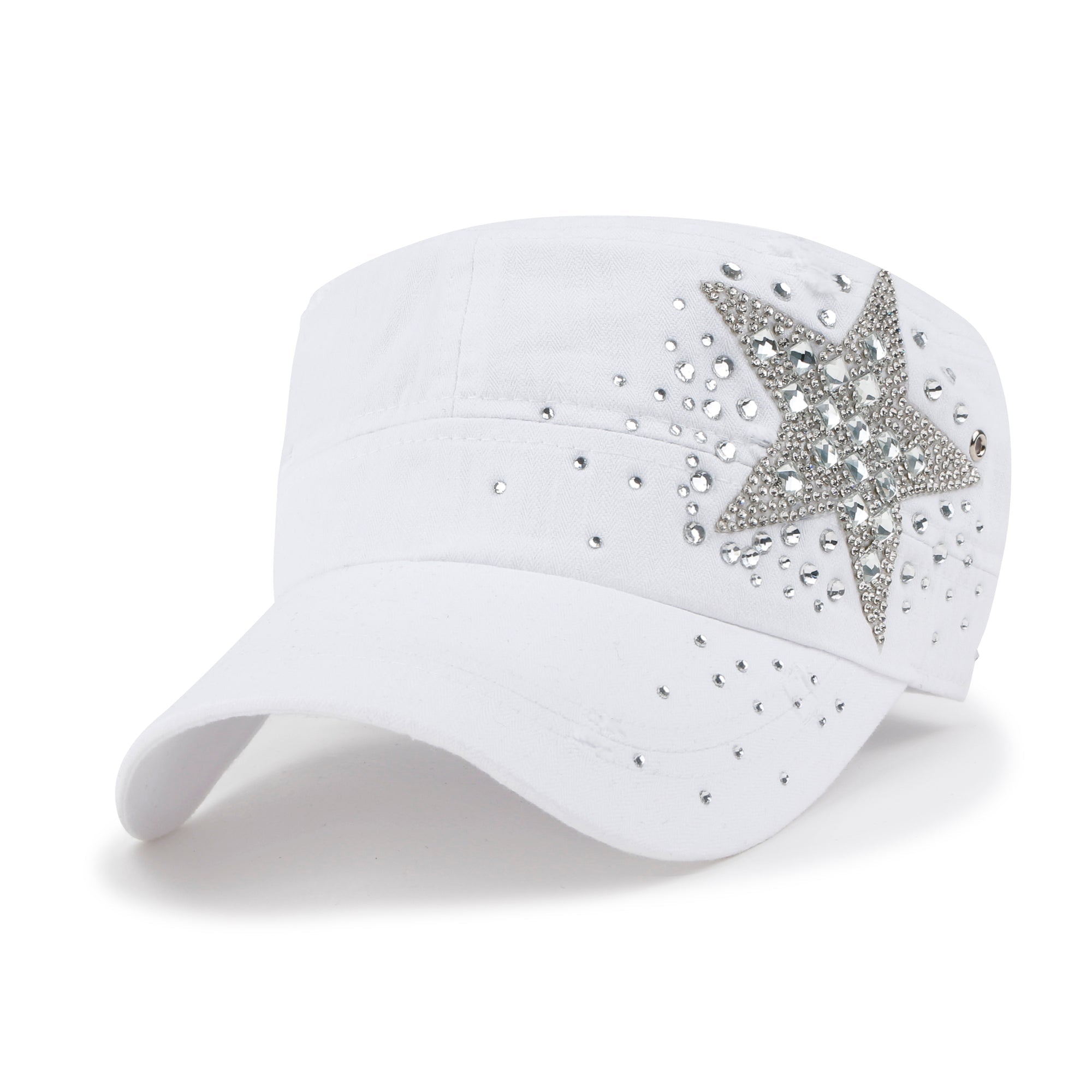 Vintage Distressed Cotton Army Hat Star Shape Rhinestone Cadet Cap