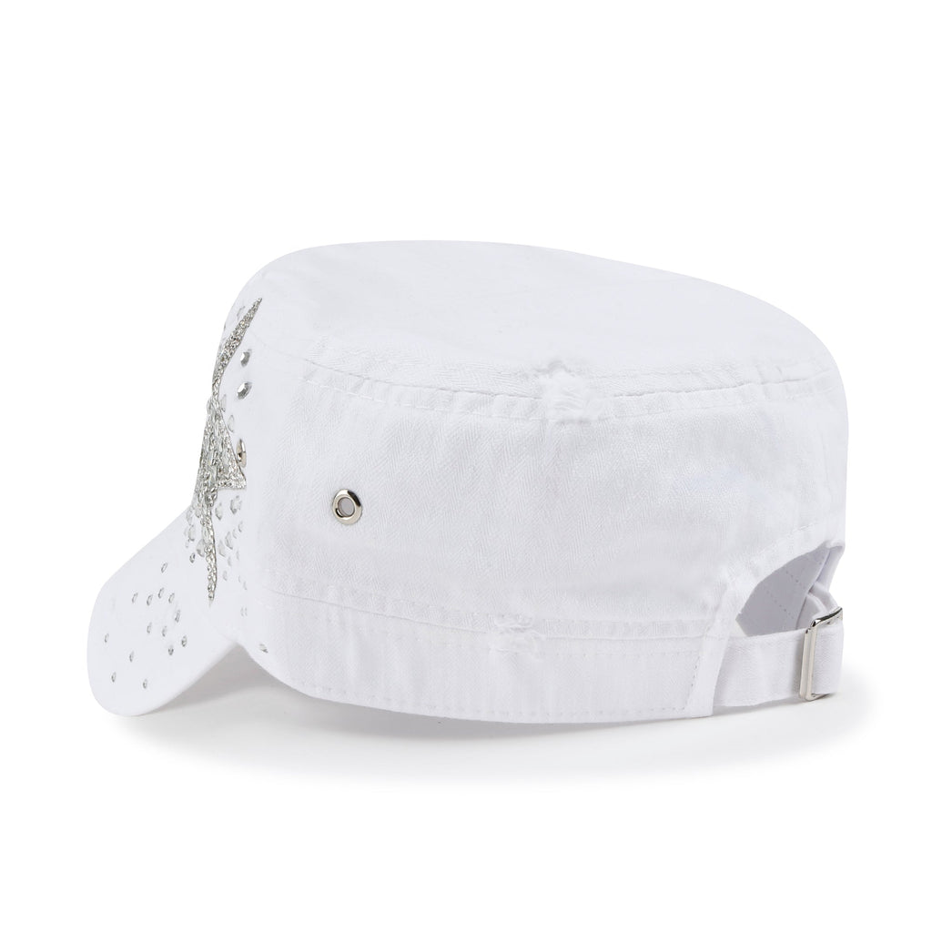 Vintage Distressed Cotton Army Hat Star Shape Rhinestone Cadet Cap