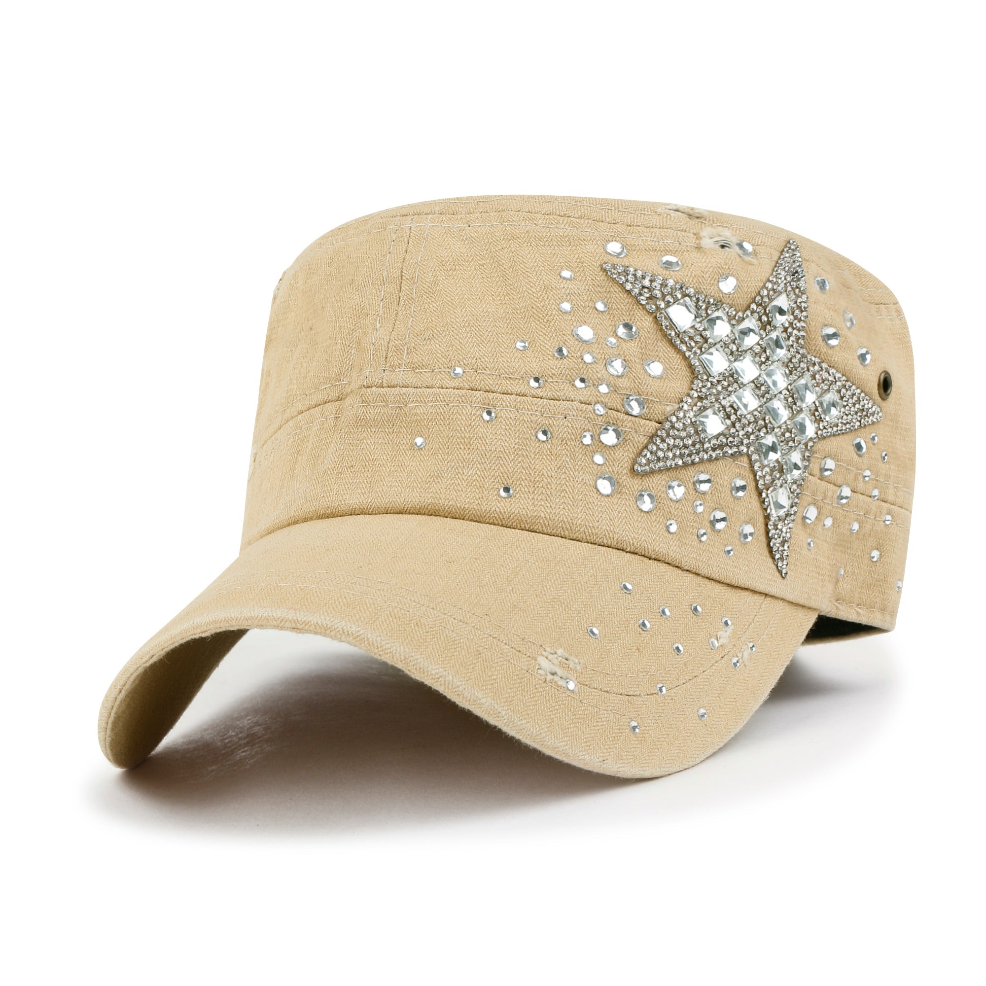 Vintage Distressed Cotton Army Hat Star Shape Rhinestone Cadet Cap