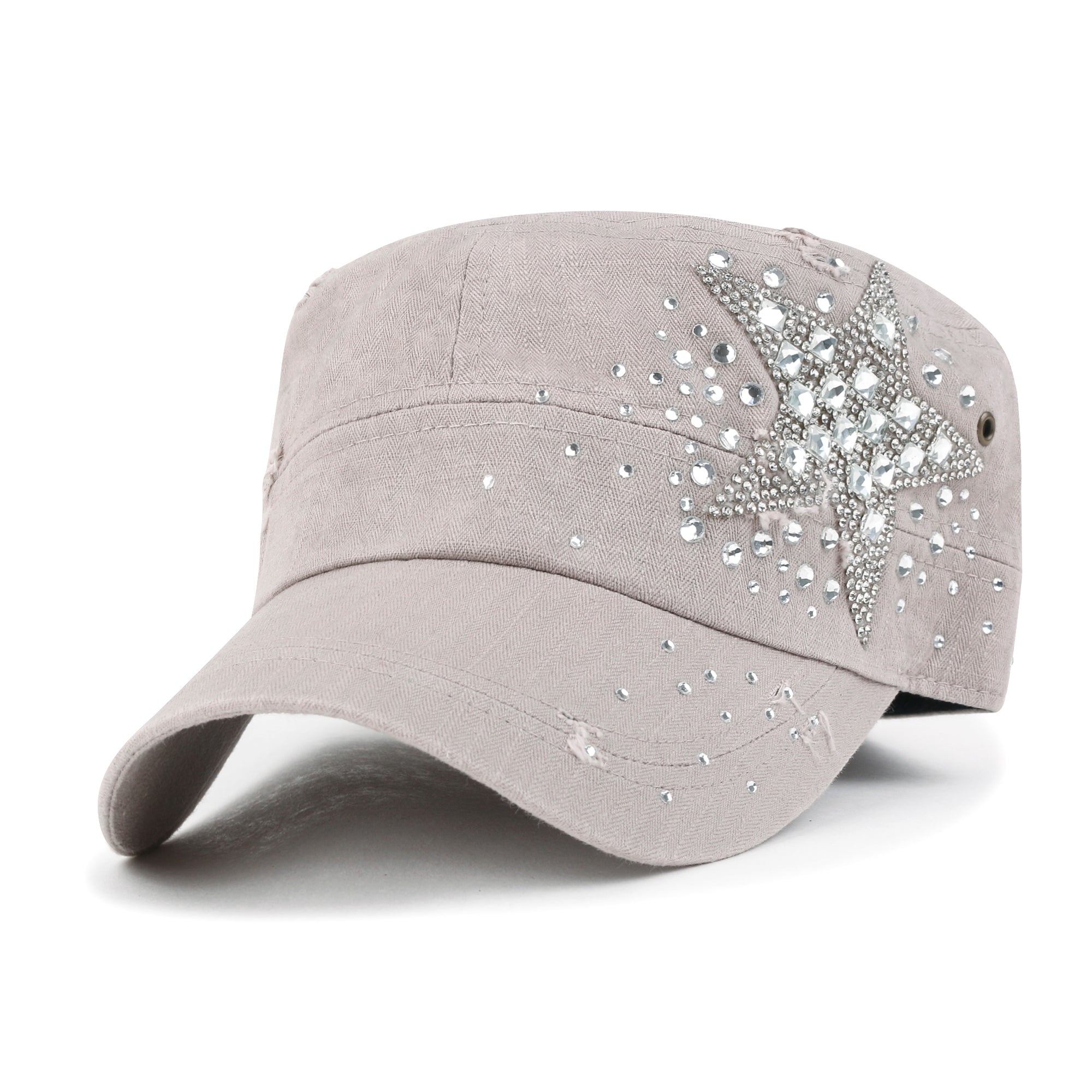 Vintage Distressed Cotton Army Hat Star Shape Rhinestone Cadet Cap