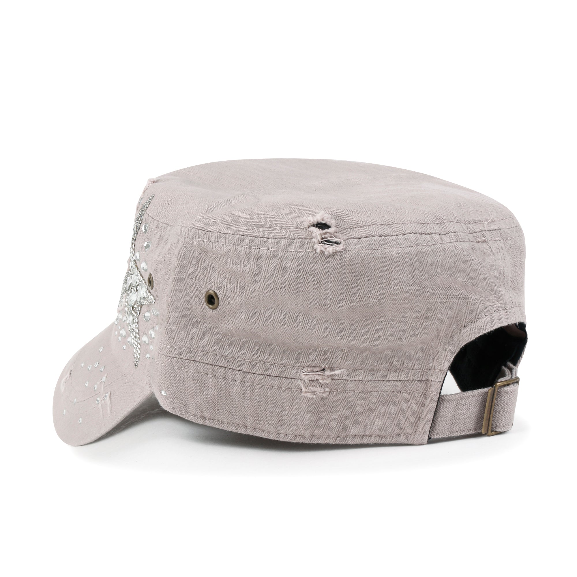 Vintage Distressed Cotton Army Hat Star Shape Rhinestone Cadet Cap