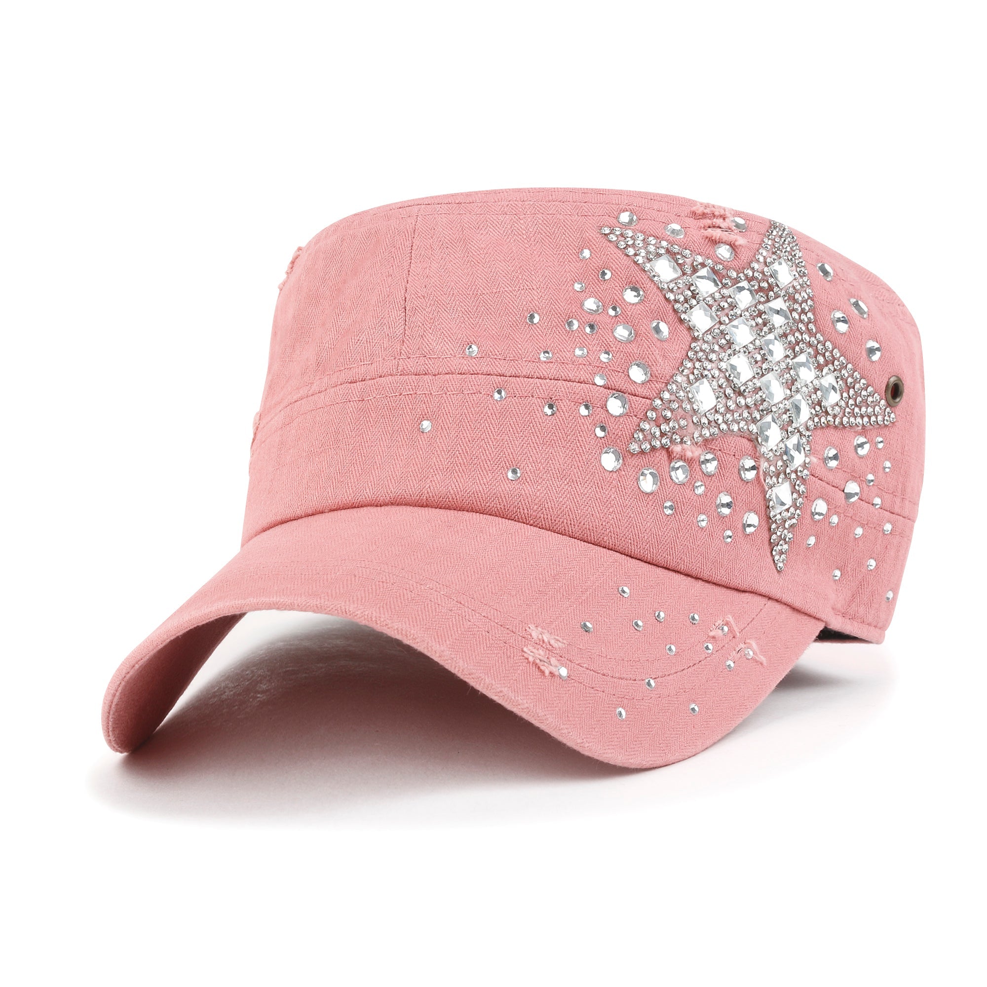 Vintage Distressed Cotton Army Hat Star Shape Rhinestone Cadet Cap