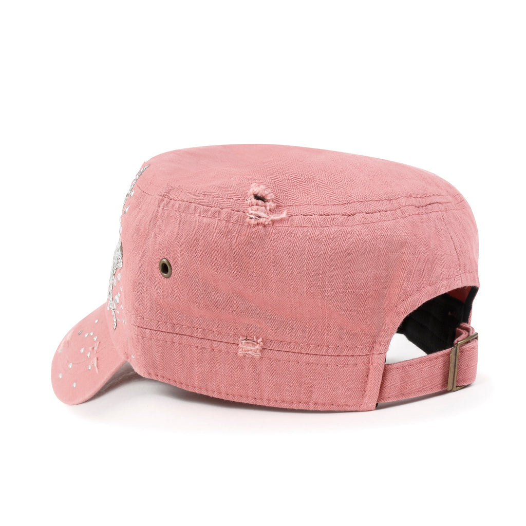 Vintage Distressed Cotton Army Hat Star Shape Rhinestone Cadet Cap
