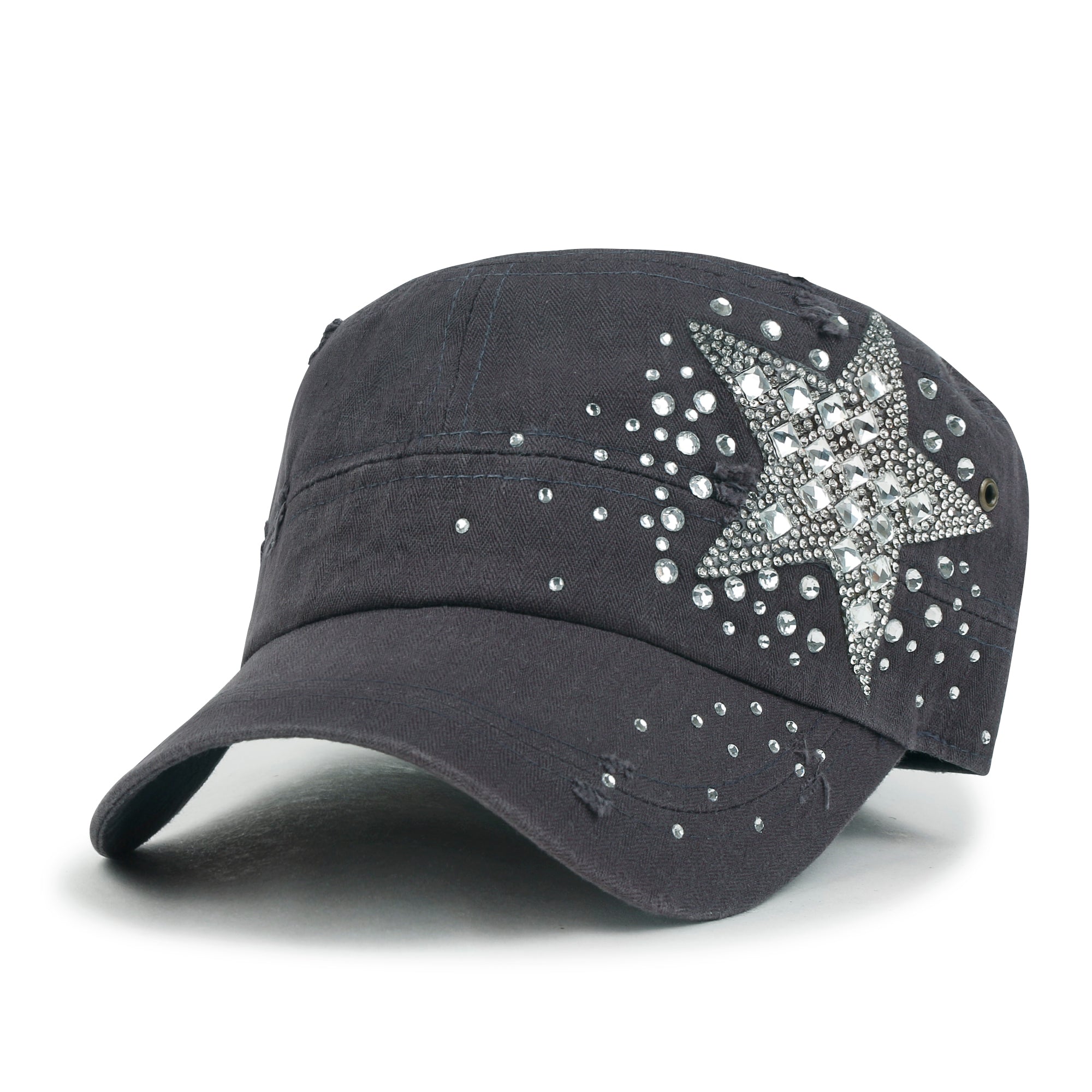 Vintage Distressed Cotton Army Hat Star Shape Rhinestone Cadet Cap