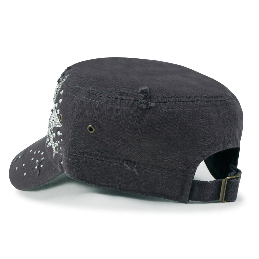 Vintage Distressed Cotton Army Hat Star Shape Rhinestone Cadet Cap
