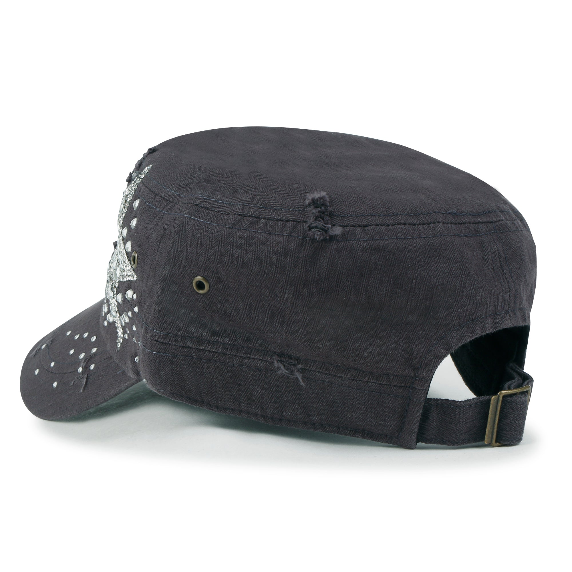 Vintage Distressed Cotton Army Hat Star Shape Rhinestone Cadet Cap
