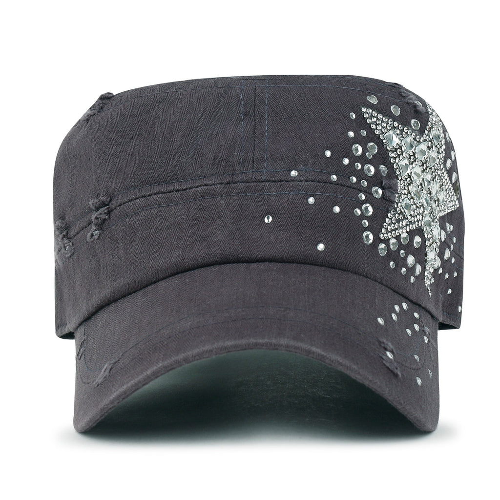 Vintage Distressed Cotton Army Hat Star Shape Rhinestone Cadet Cap