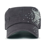Vintage Distressed Cotton Army Hat Star Shape Rhinestone Cadet Cap