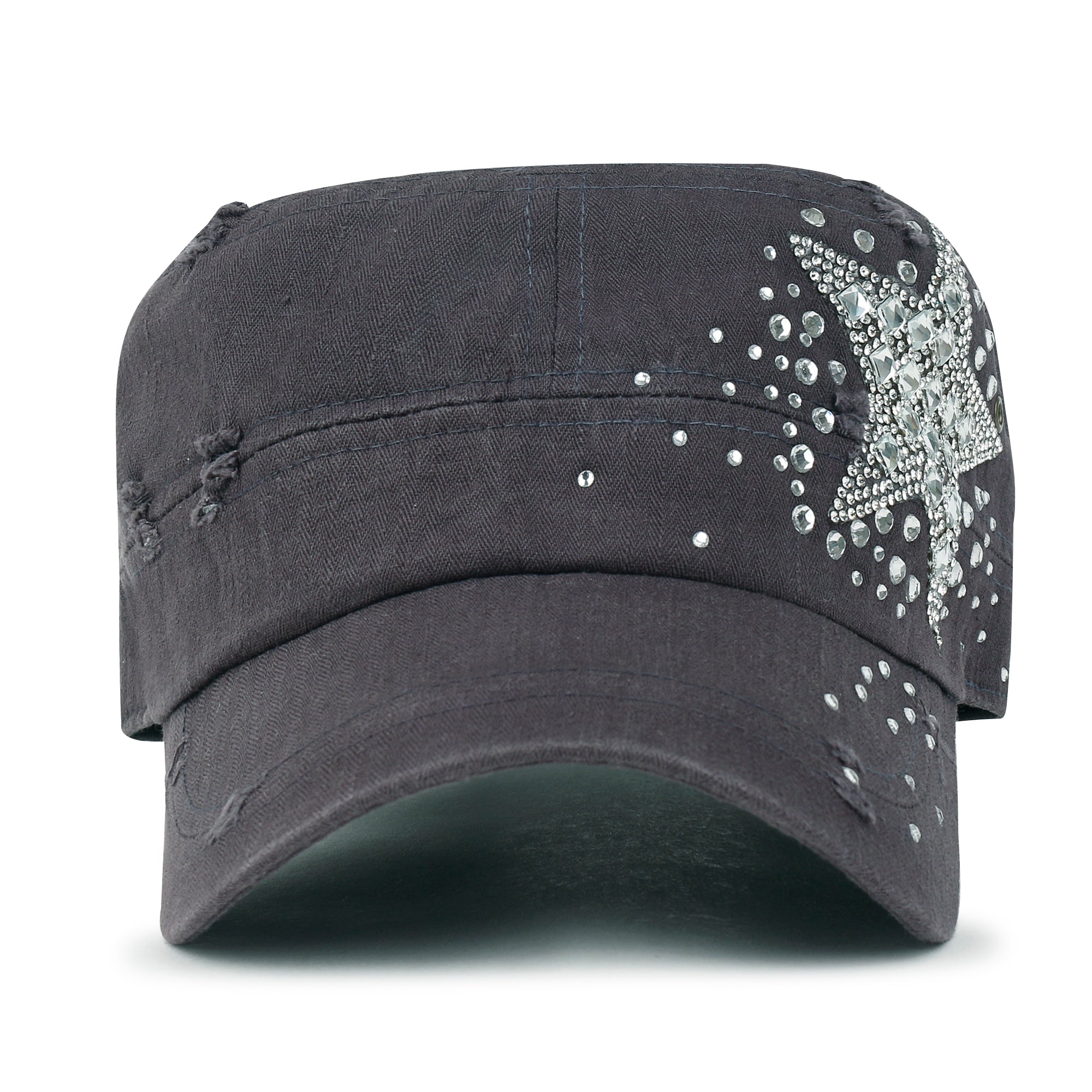 Vintage Distressed Cotton Army Hat Star Shape Rhinestone Cadet Cap