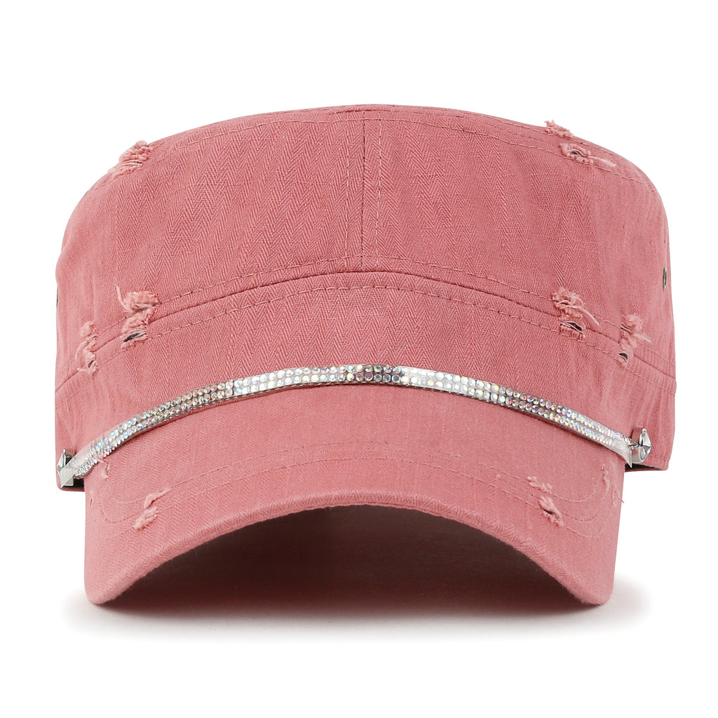 Vintage Distressed Rhineston Lined Cadet Cap Cotton Army Hat