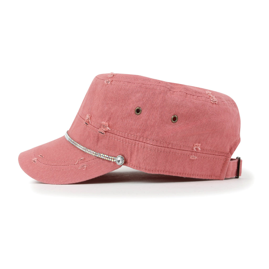 Vintage Distressed Rhineston Lined Cadet Cap Cotton Army Hat