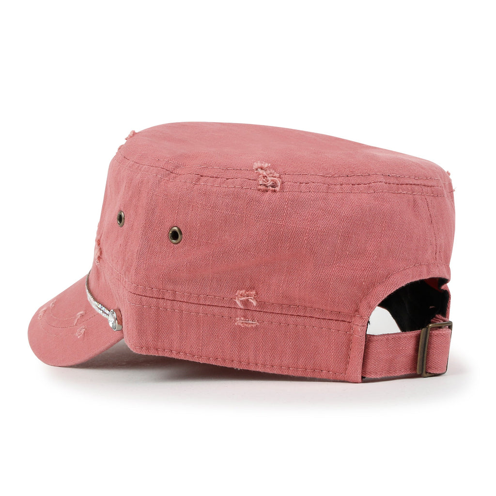 Vintage Distressed Rhineston Lined Cadet Cap Cotton Army Hat