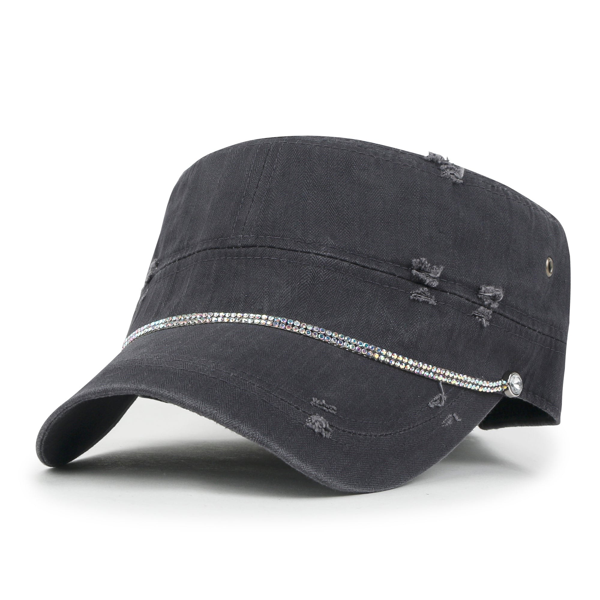 Vintage Distressed Rhineston Lined Cadet Cap Cotton Army Hat