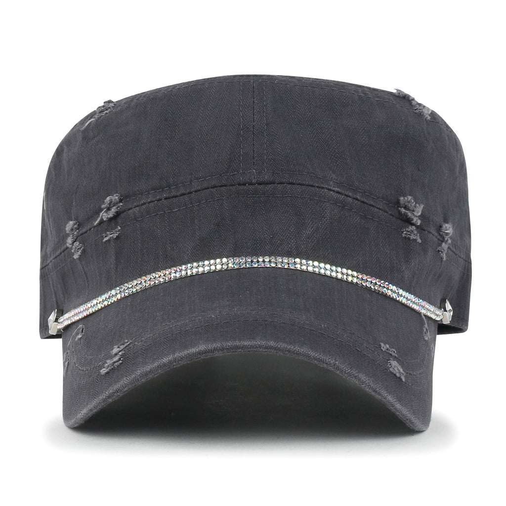 Vintage Distressed Rhineston Lined Cadet Cap Cotton Army Hat