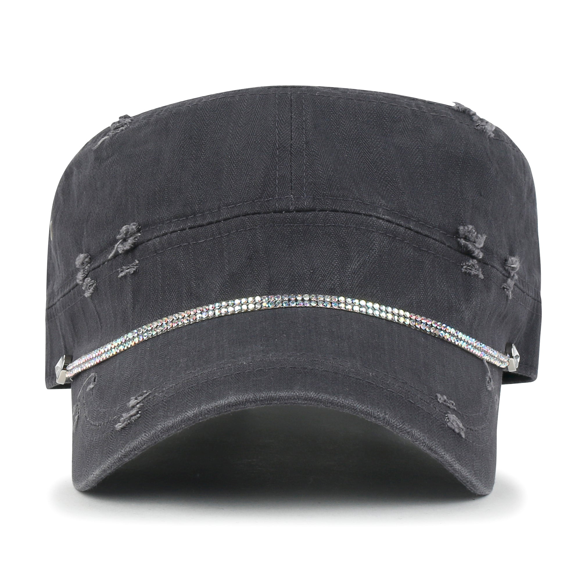 Vintage Distressed Rhineston Lined Cadet Cap Cotton Army Hat
