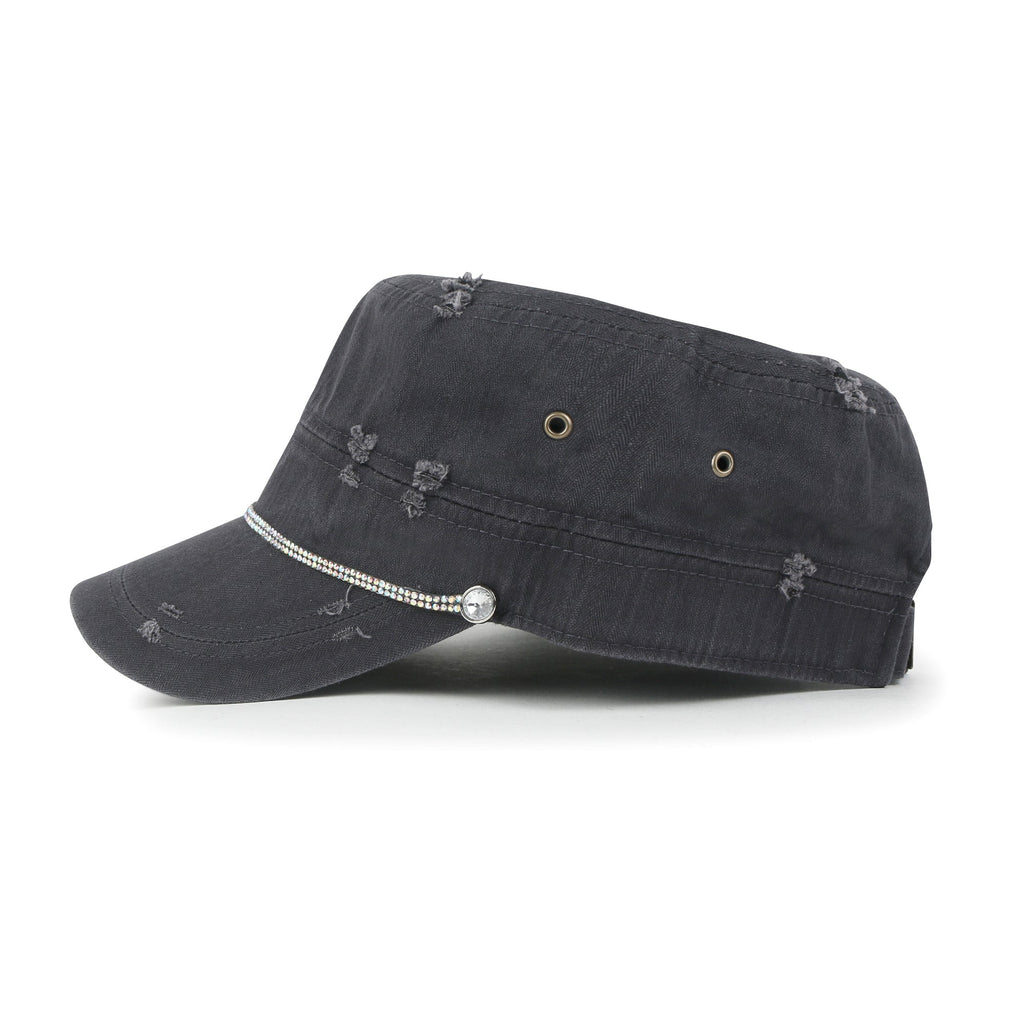Vintage Distressed Rhineston Lined Cadet Cap Cotton Army Hat