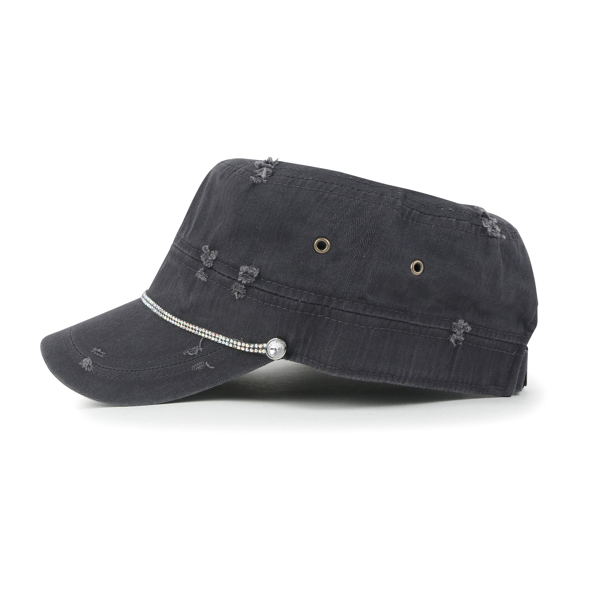 Vintage Distressed Rhineston Lined Cadet Cap Cotton Army Hat