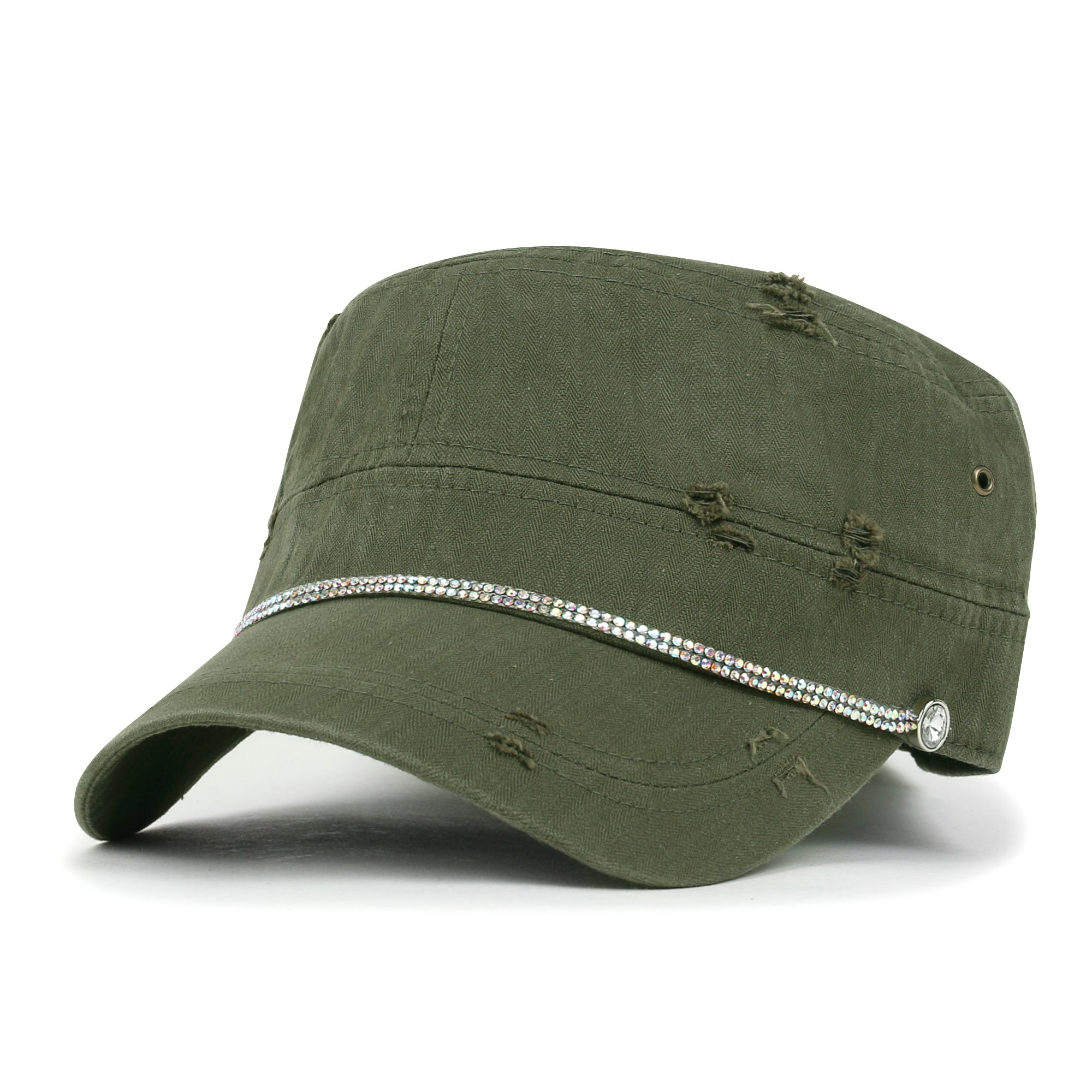 Vintage Distressed Rhineston Lined Cadet Cap Cotton Army Hat