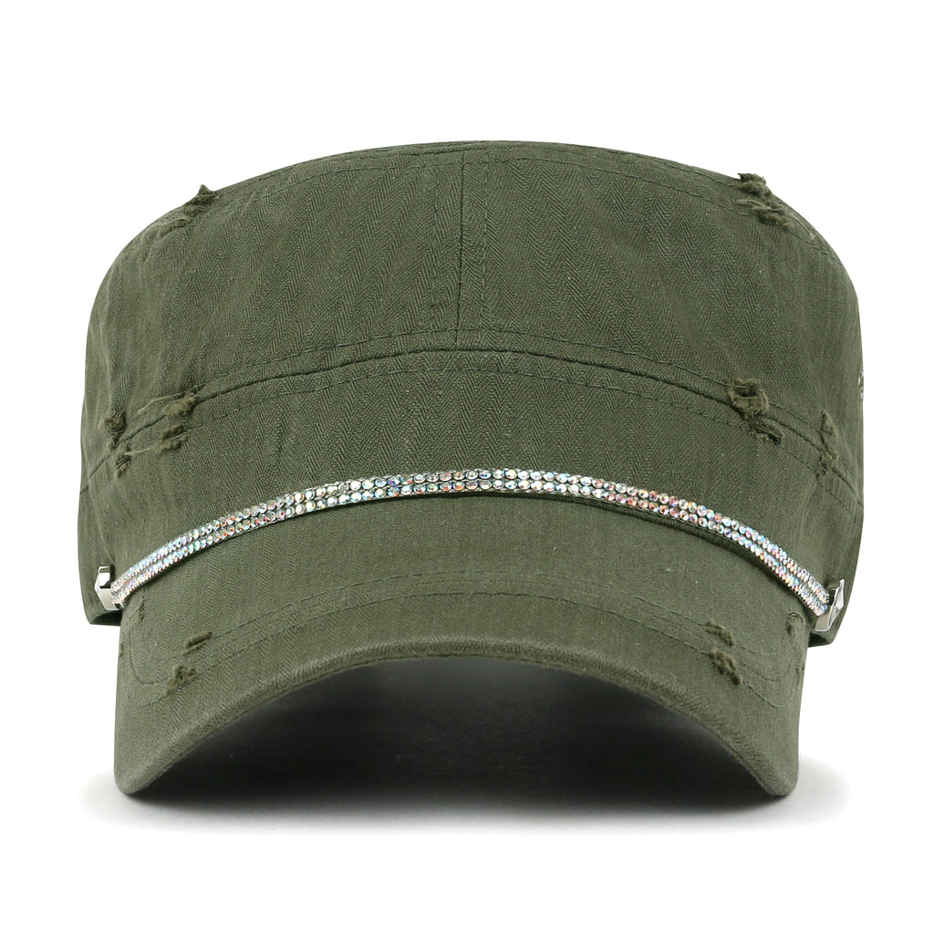 Vintage Distressed Rhineston Lined Cadet Cap Cotton Army Hat