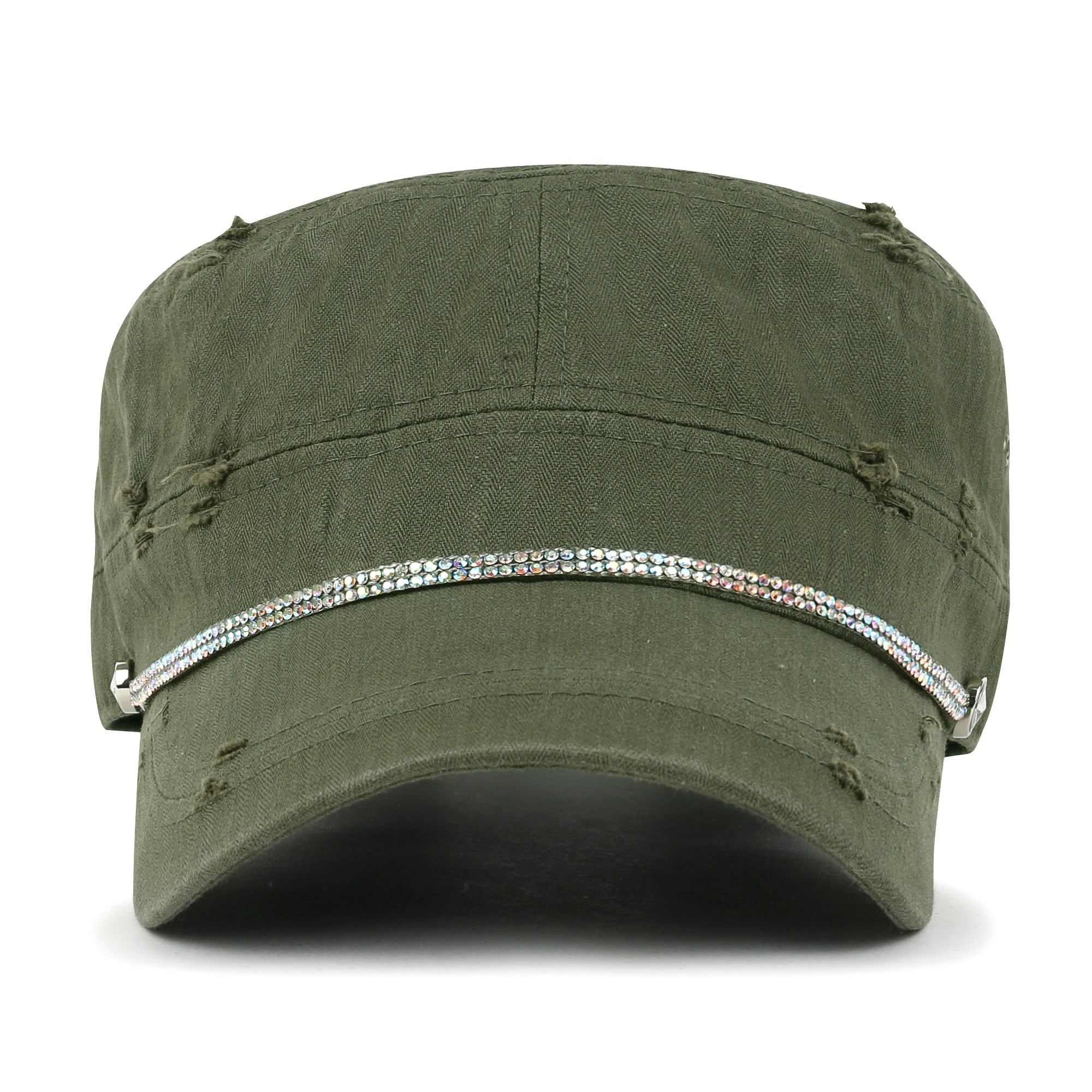 Vintage Distressed Rhineston Lined Cadet Cap Cotton Army Hat