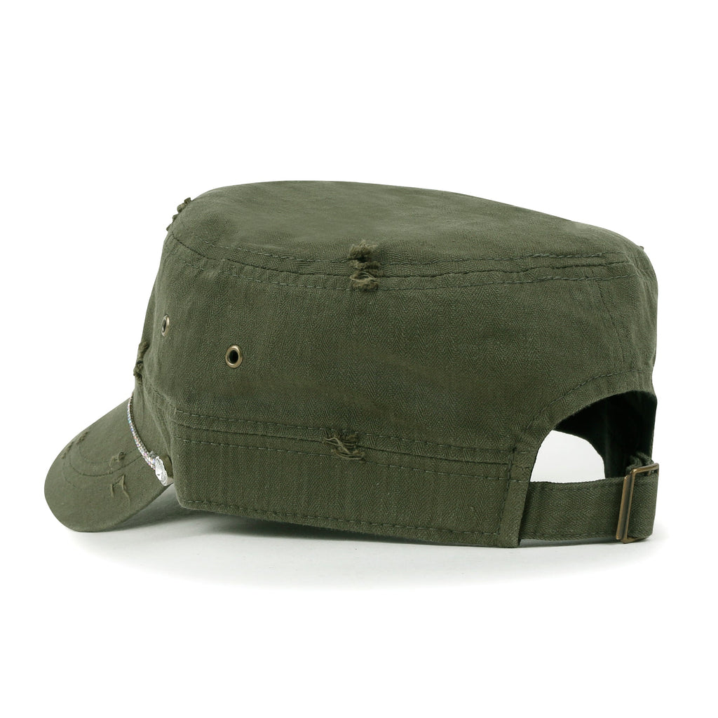 Vintage Distressed Rhineston Lined Cadet Cap Cotton Army Hat