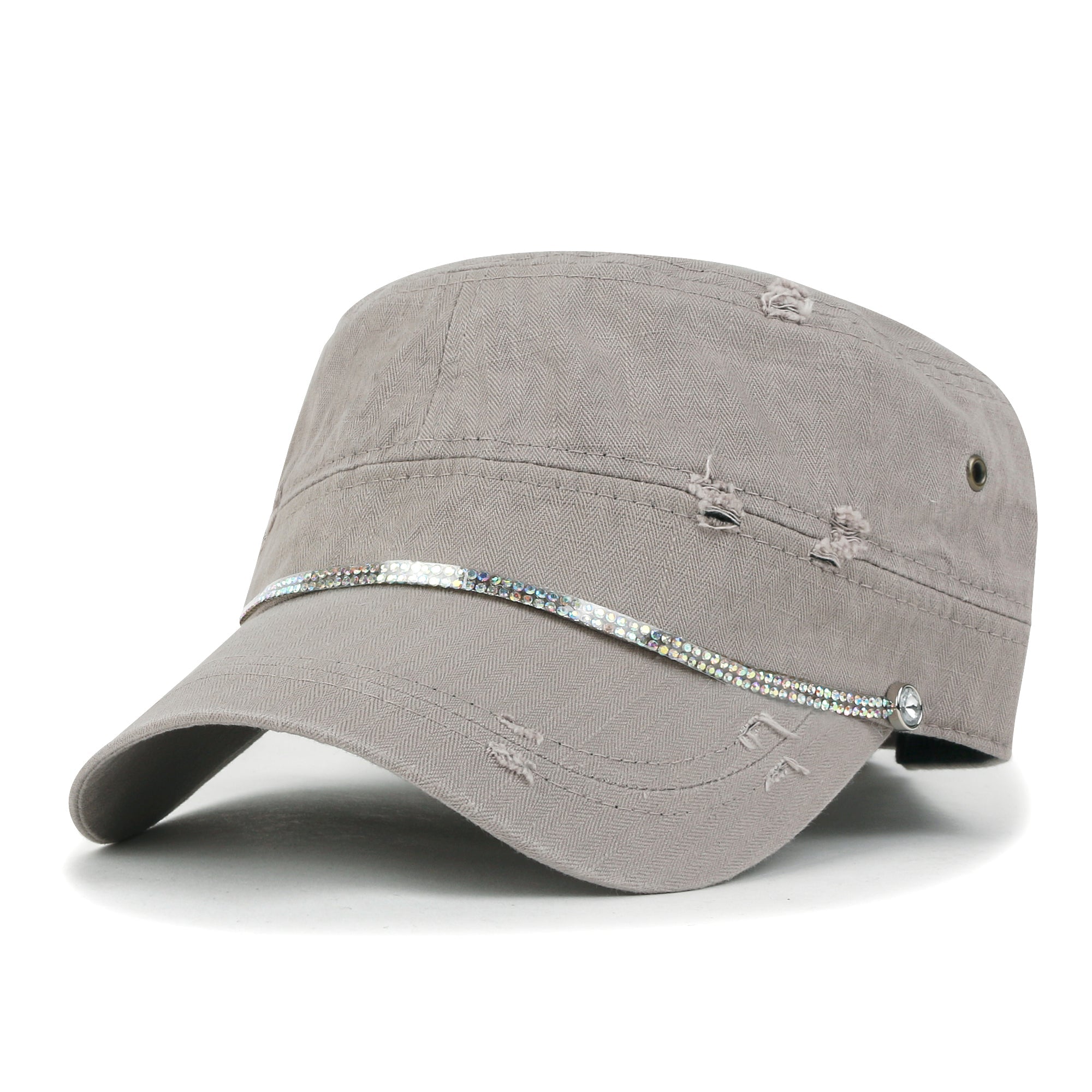 Vintage Distressed Rhineston Lined Cadet Cap Cotton Army Hat